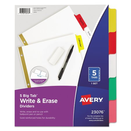 Avery Dennison Write & Erase Index Dividers 8-1/2 x 11", 5 Tab, Multicolor 23076